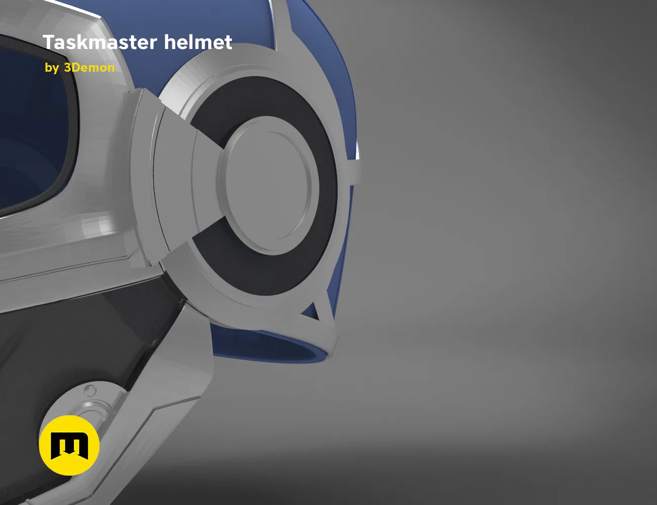 3D model render of Taskmaster helmet, futuristic side view, 3D print cosplay prop