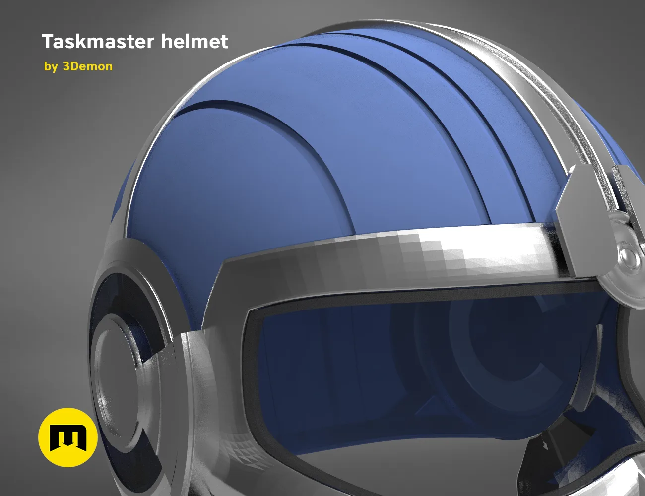 3D model render of Taskmaster helmet, futuristic blue and silver sci-fi cosplay prop, side view