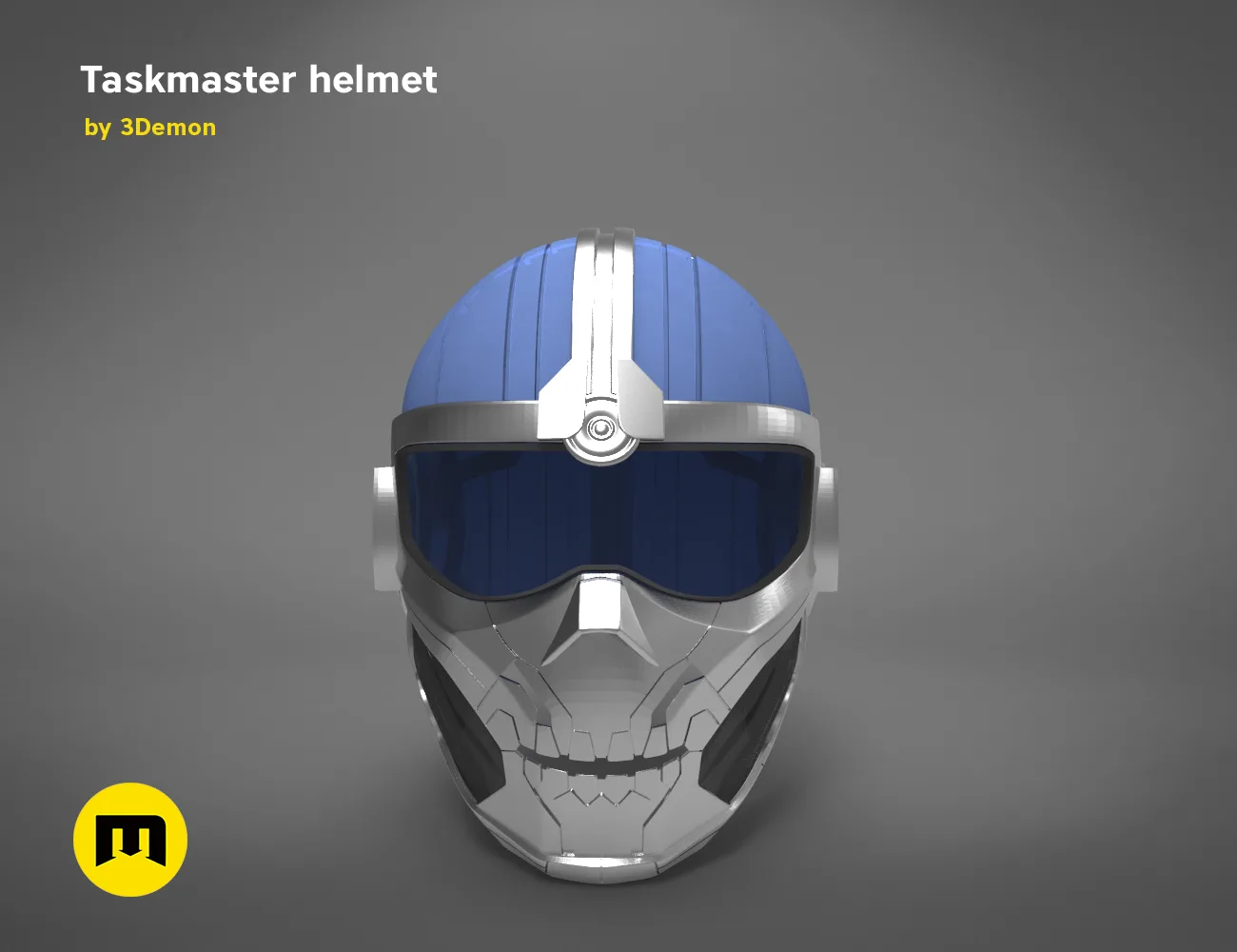 3D model render of Taskmaster helmet, front view, 3D print cosplay prop