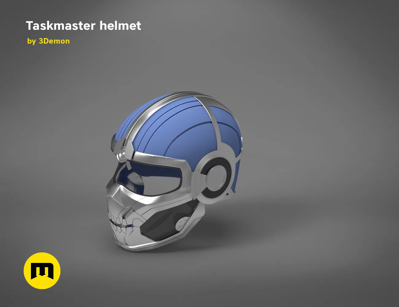 3D model render of Taskmaster helmet, futuristic blue and silver 3D print cosplay prop