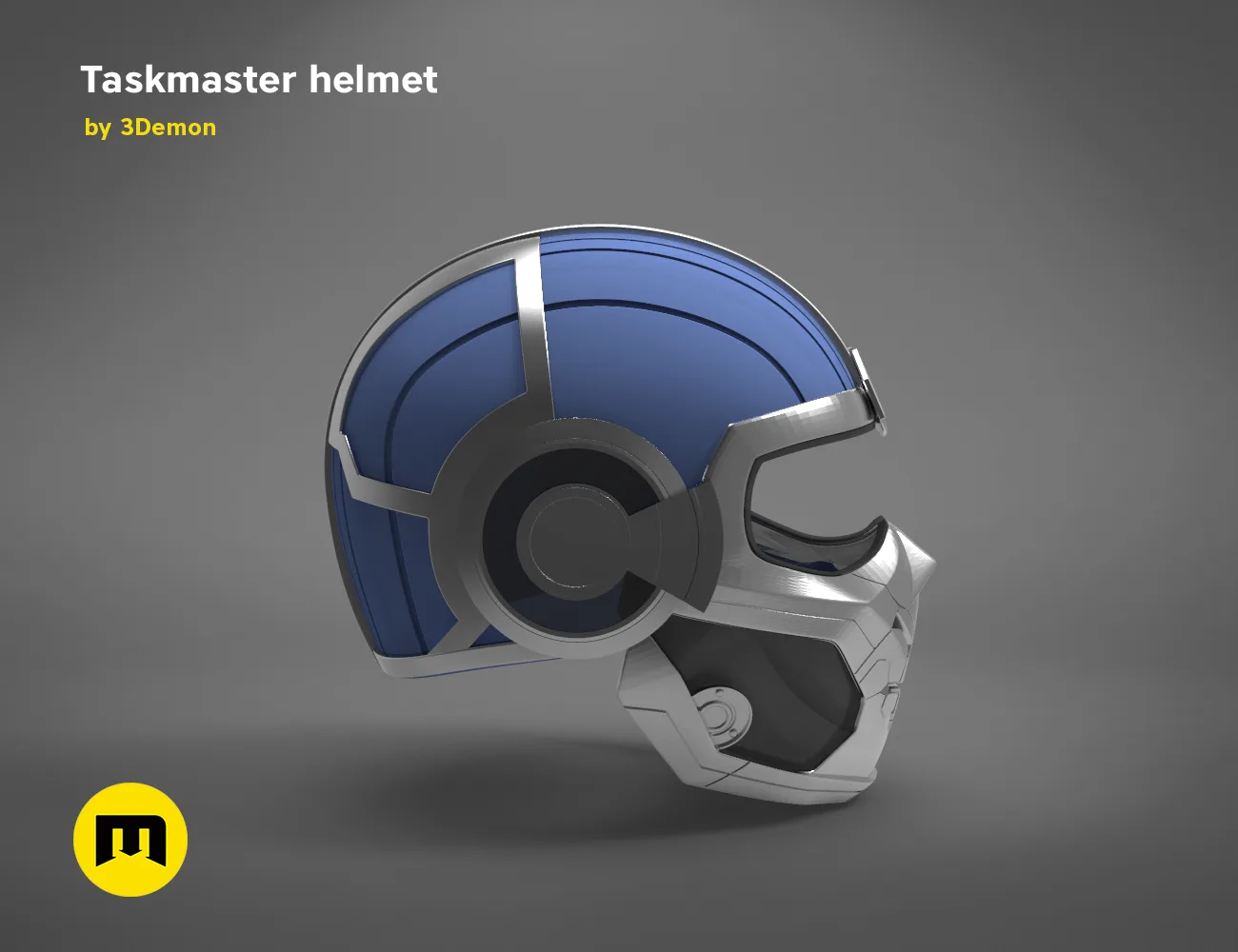 3D model render of Taskmaster helmet, futuristic cosplay prop with blue visor and silver frame