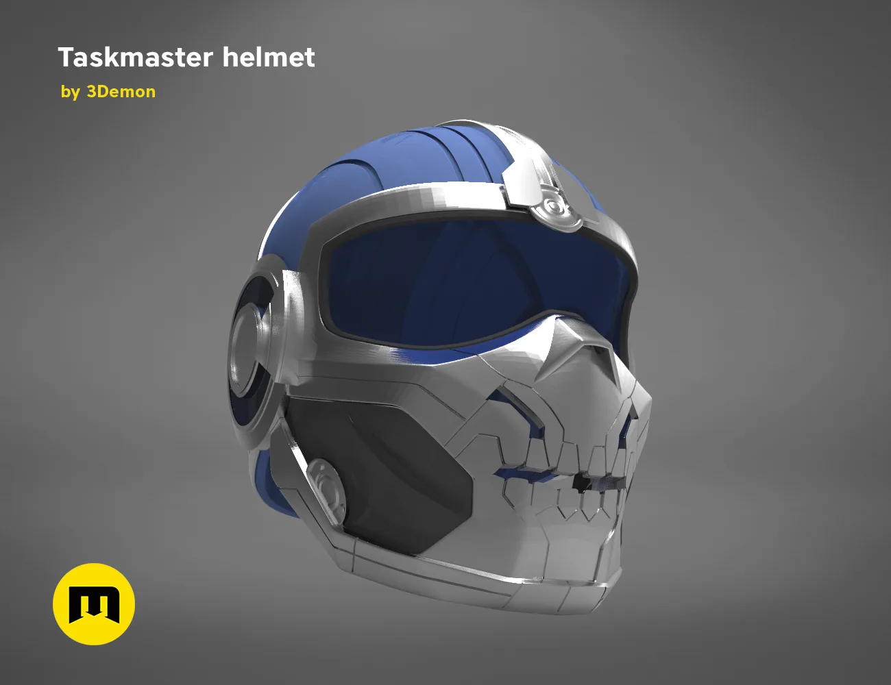 3D model render of Taskmaster helmet, futuristic cosplay prop with cracked silver armor and blue accents