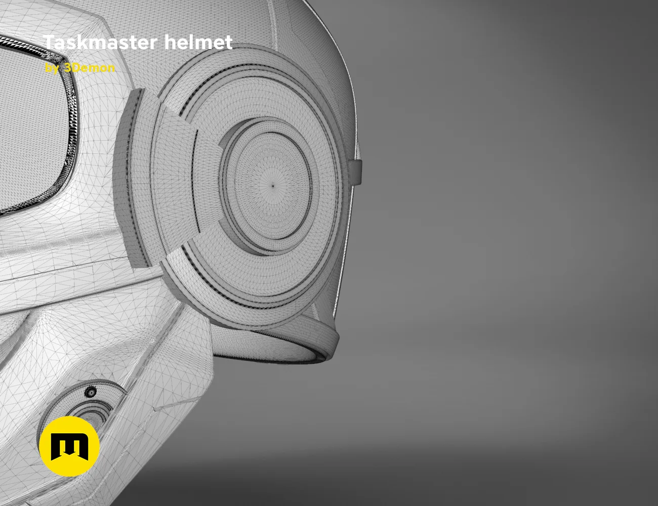 Wireframe mesh render of Taskmaster helmet STL, side polygon structure with circular visor detail, 3D print cosplay prop