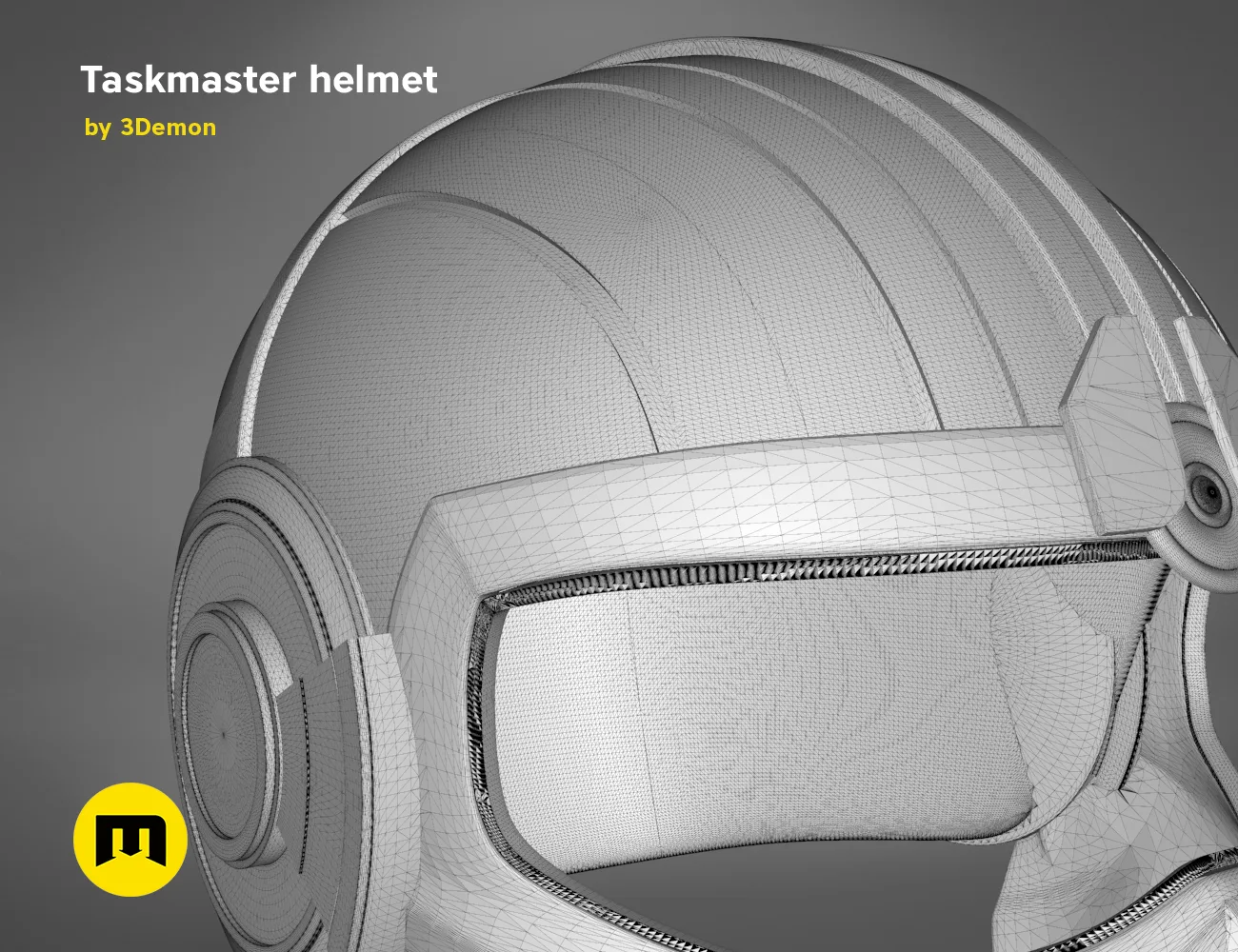 Wireframe mesh render of Taskmaster helmet STL, side polygon structure with visor detail, 3D print cosplay prop