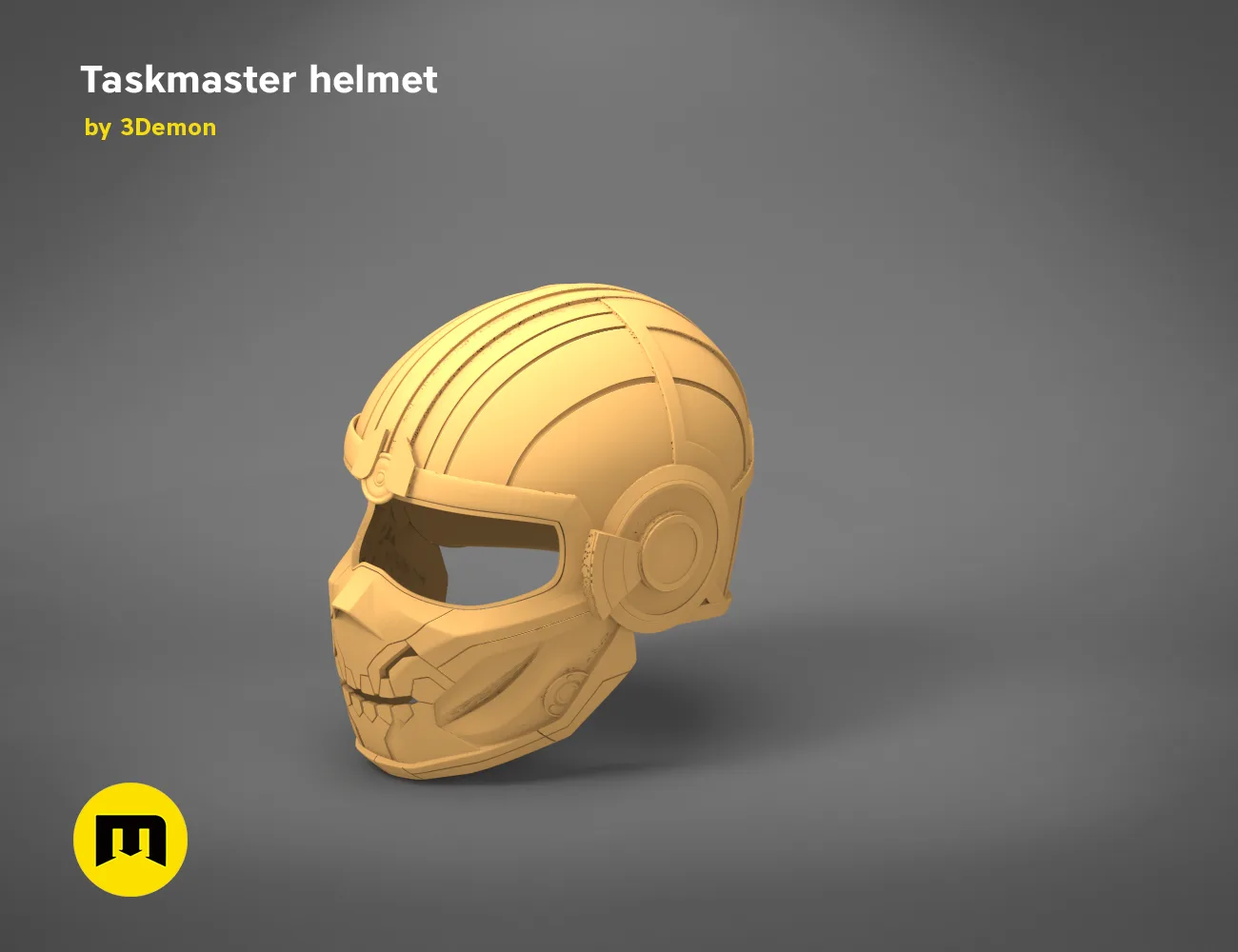 3D model render of Taskmaster helmet, futuristic cosplay prop with armored side detail