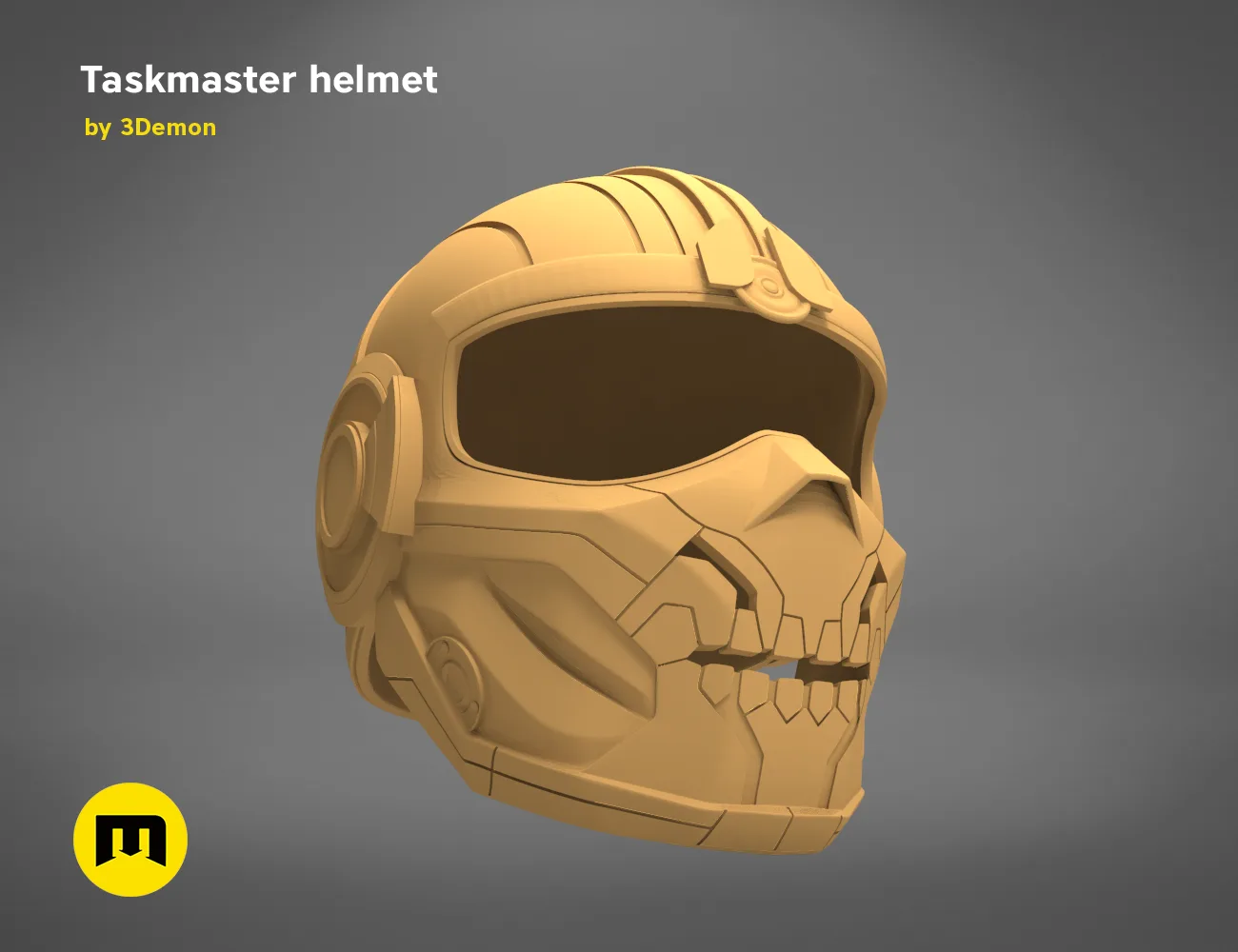 3D model render of Taskmaster helmet, detailed cosplay prop with cracked skull face, 3D print