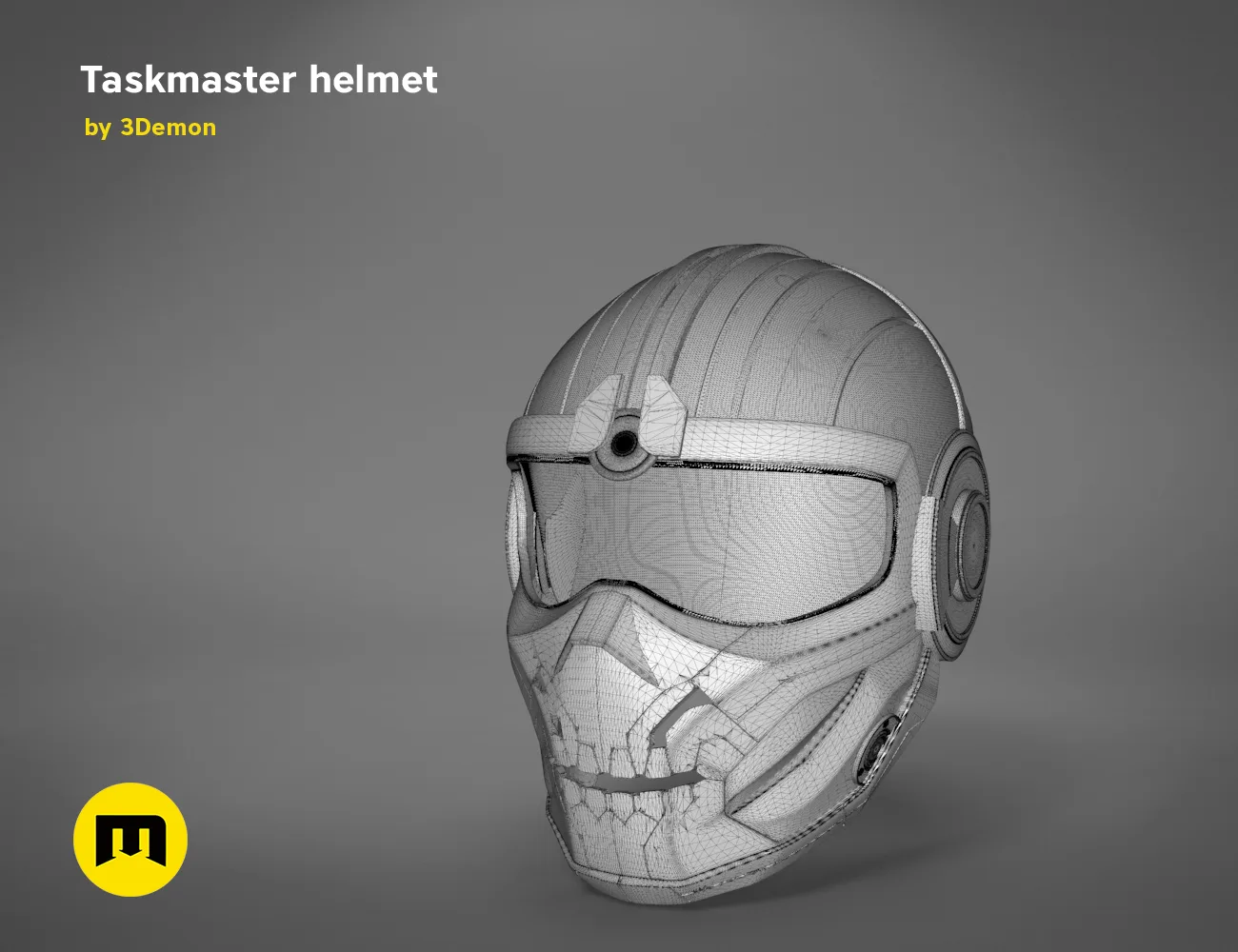 Wireframe mesh render of Taskmaster helmet STL, side polygon structure, 3D print cosplay prop