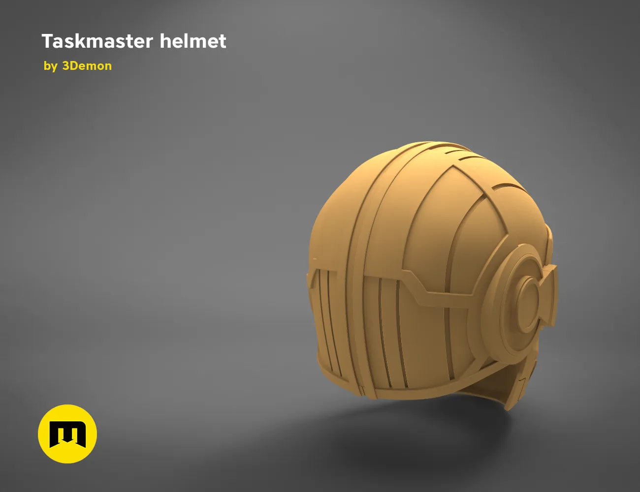3D model render of Taskmaster helmet, olive-brown armored cosplay prop, side view STL