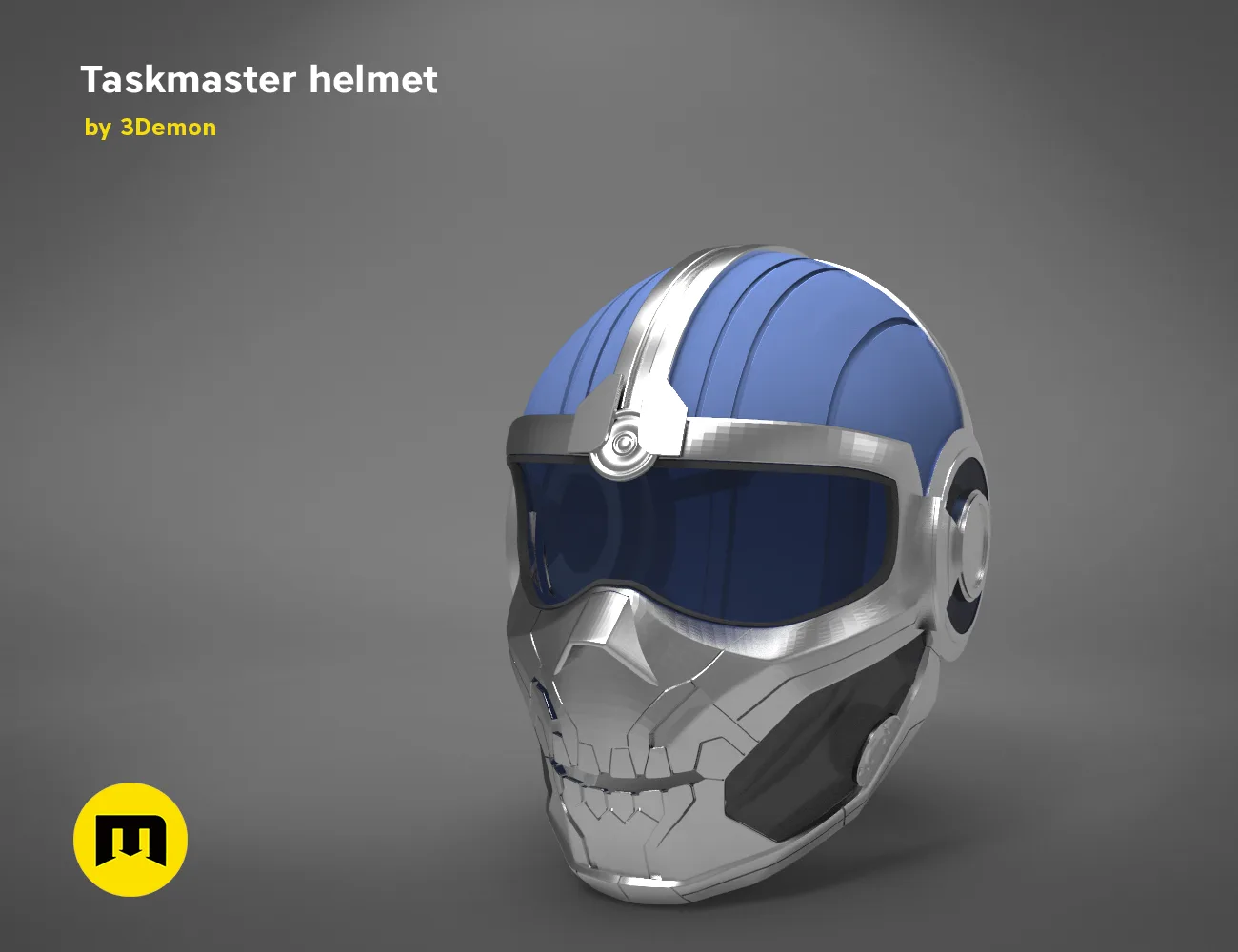 3D visualization of Taskmaster helmet, futuristic cosplay prop with clear visor and metallic finish