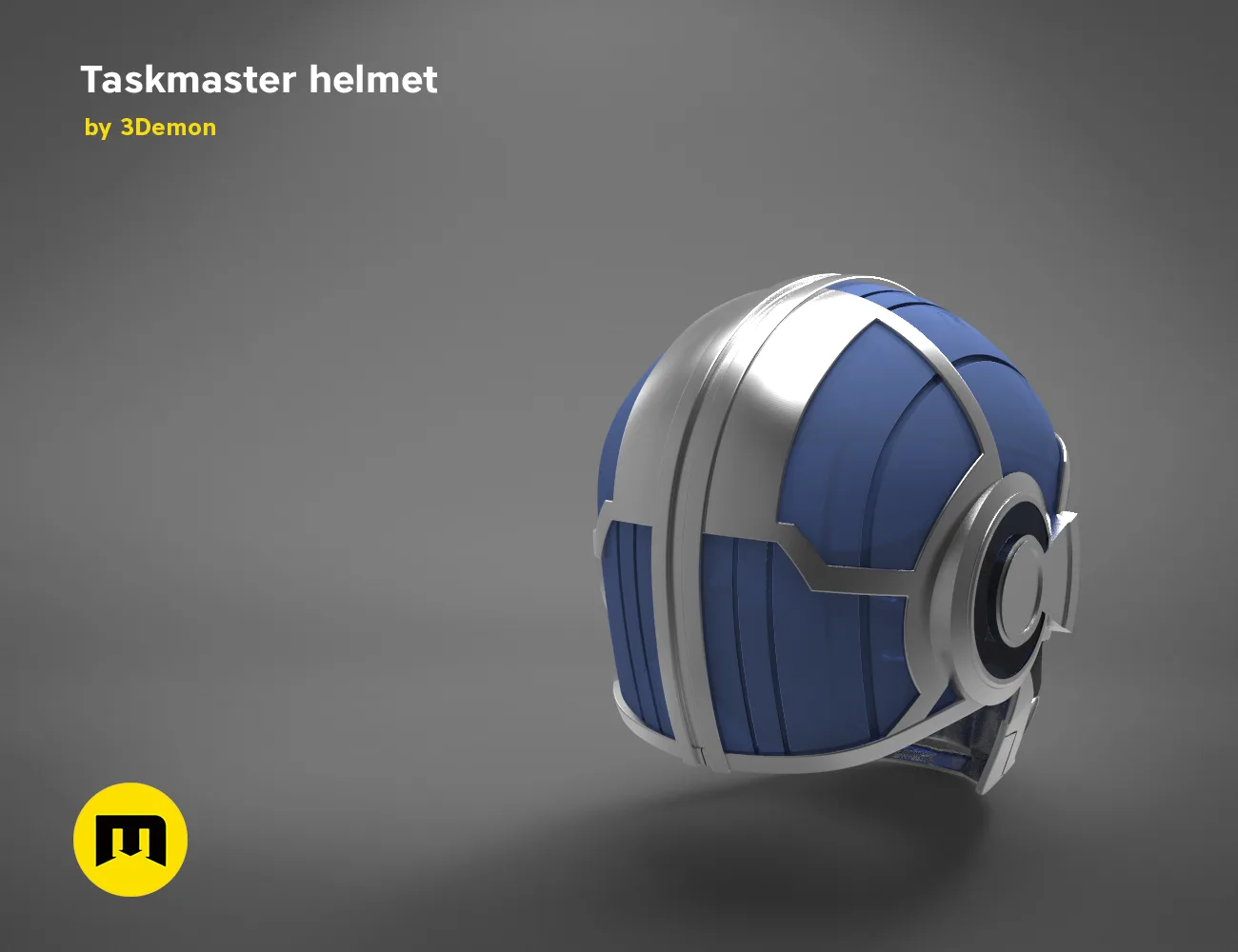3D model render of Taskmaster helmet, blue and silver sci-fi cosplay prop, side view