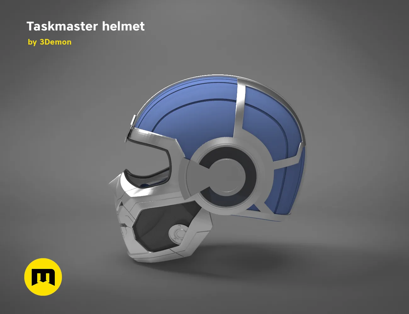 3D model render of Taskmaster helmet, futuristic blue and silver 3D print cosplay prop