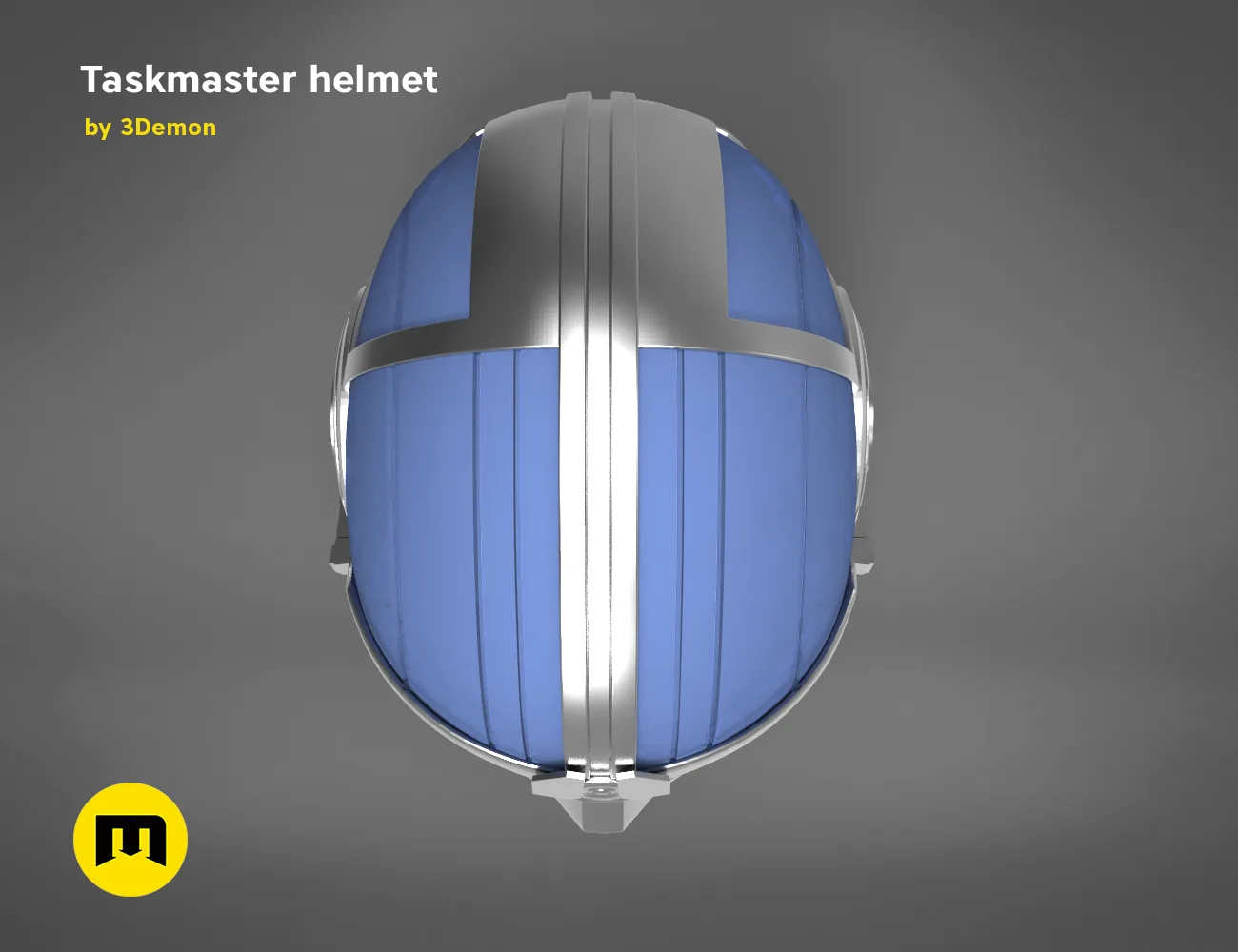 3D model render of Taskmaster helmet, futuristic blue and silver 3D print cosplay prop