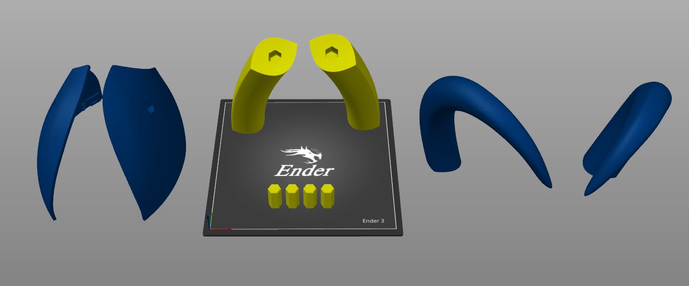 3D visualization of Loki Alligator Helmet STL, blue segmented cosplay armor, 3D print preview
