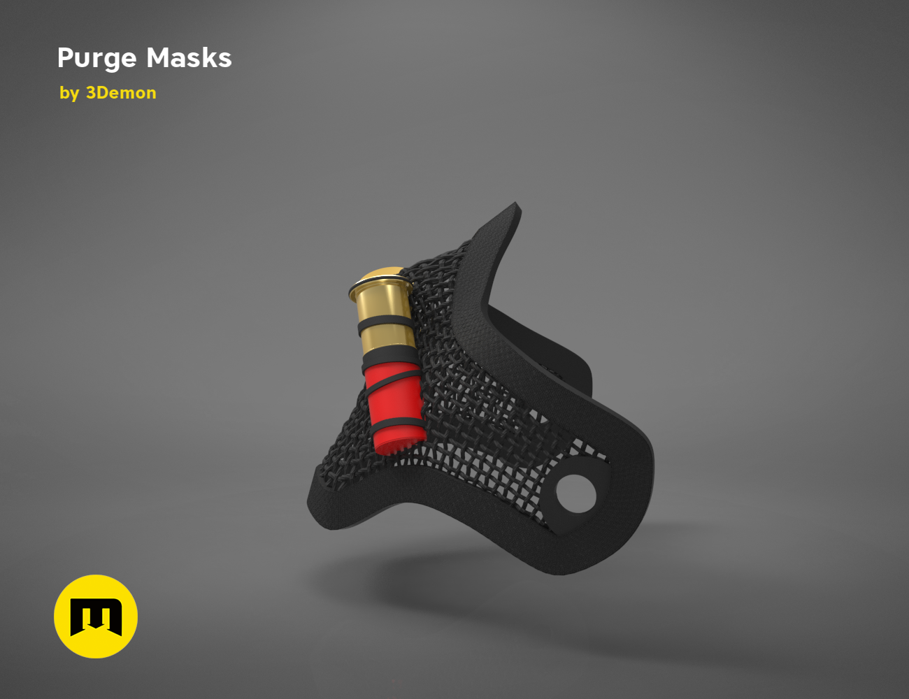 3D visualization of The Purge Mask STL, black lattice design with red nozzle, 3D print cosplay prop