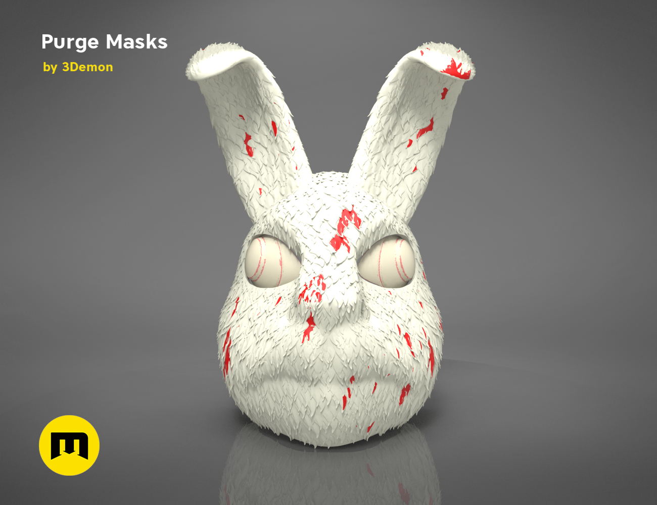 3D visualization of The Purge Mask STL, bloody white bunny horror prop, 3D print cosplay