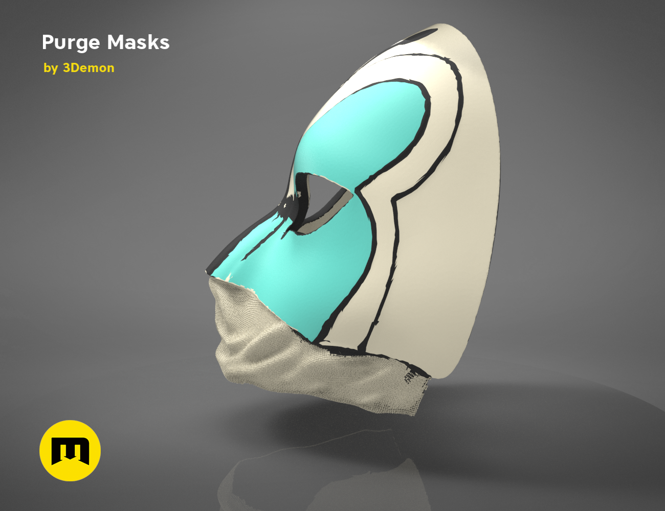 3D visualization of The Purge Mask STL, cyan and white horror-themed 3D print cosplay prop