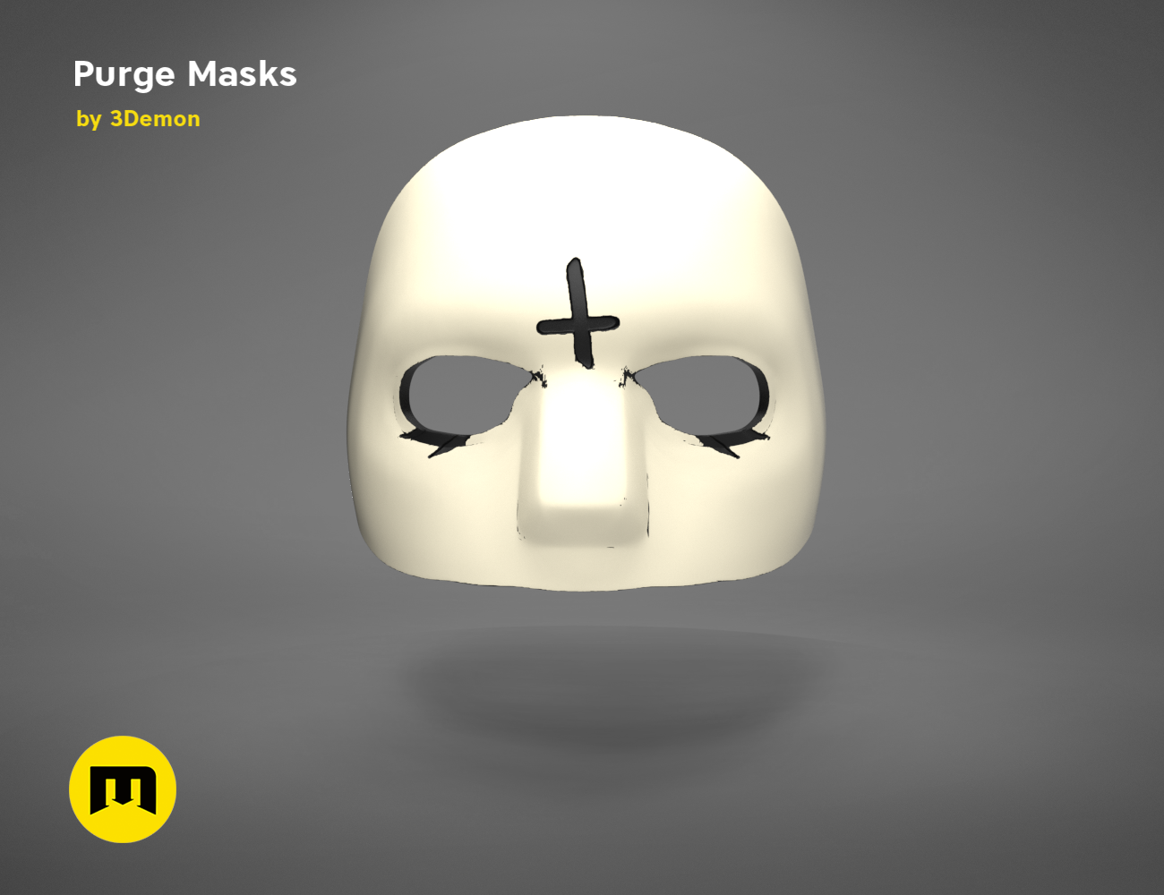 3D visualization of The Purge Mask STL, white horror-themed prop with eye holes, 3D print cosplay prop