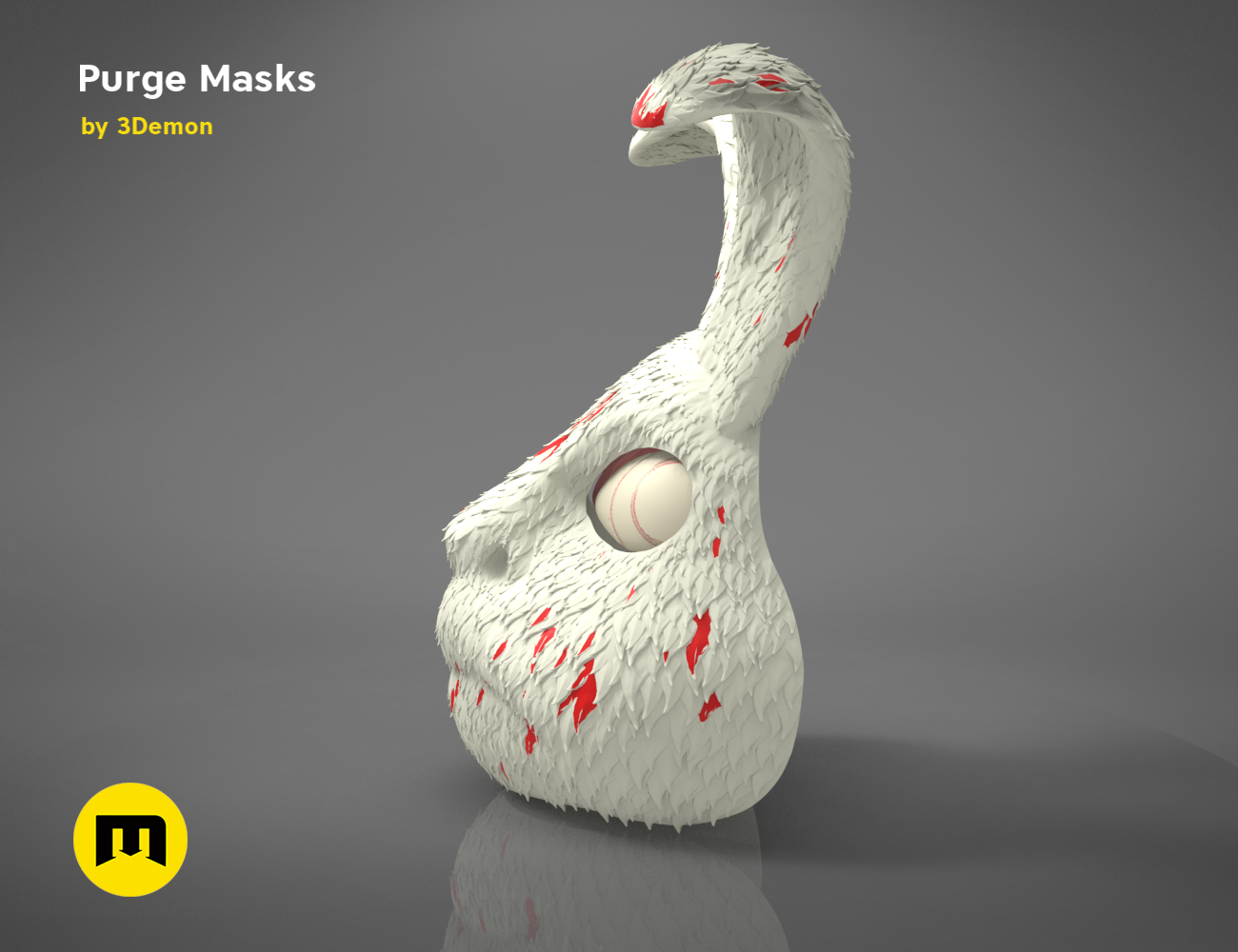 3D visualization of The Purge Mask STL, white textured zombie face with red gore, 3D print cosplay prop