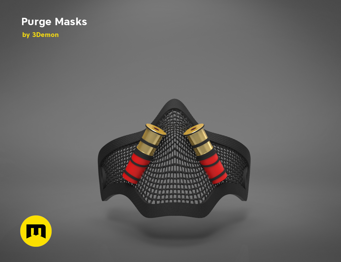 3D visualization of The Purge Masks, black mesh with gold accents, 3D print cosplay prop