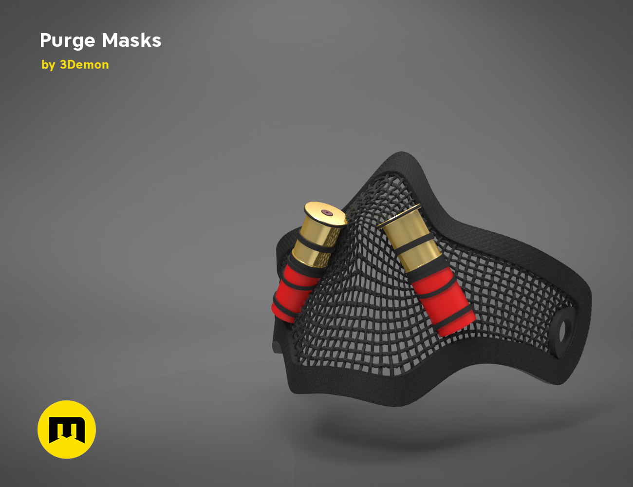 3D visualization of The Purge - Masks, black mesh with gold and red accents, 3D print cosplay prop