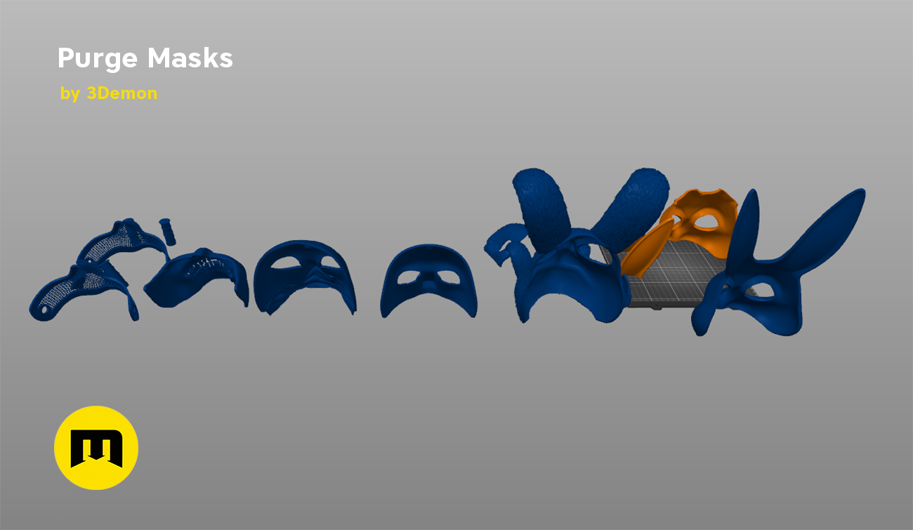 Color-coded parts breakdown of The Purge - Masks, exploded view of 3D print cosplay prop
