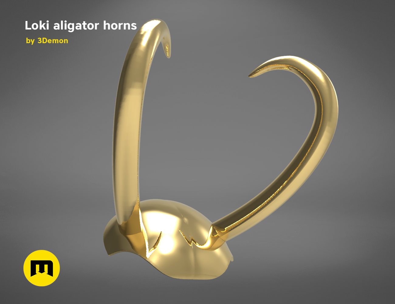3D model render of Loki alligator horns, golden metallic 3D print cosplay accessory