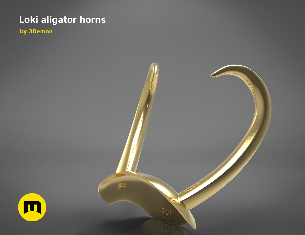 3D model render of Loki alligator horns, golden metallic 3D print cosplay accessory