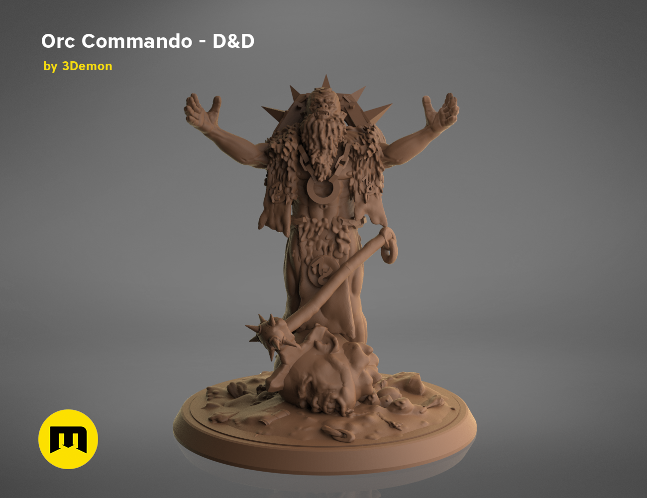 3D model render of Orc Commando D&D collectible figure, commanding pose with battle scene base.