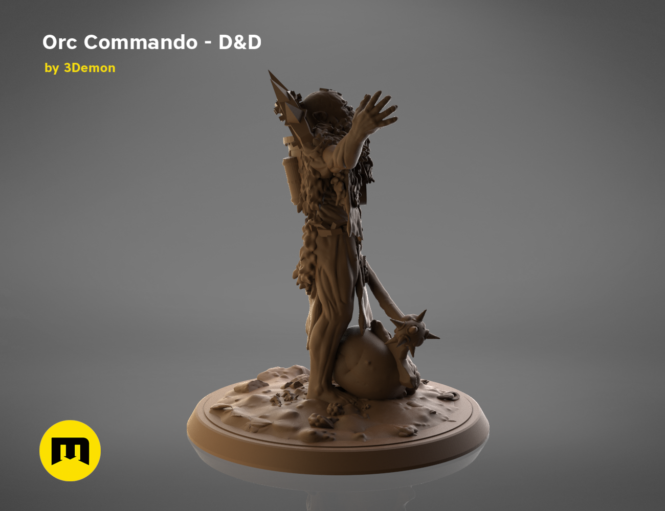3D model render of Orc Commando D&D collectible figure, commanding pose with axe, fantasy prop.