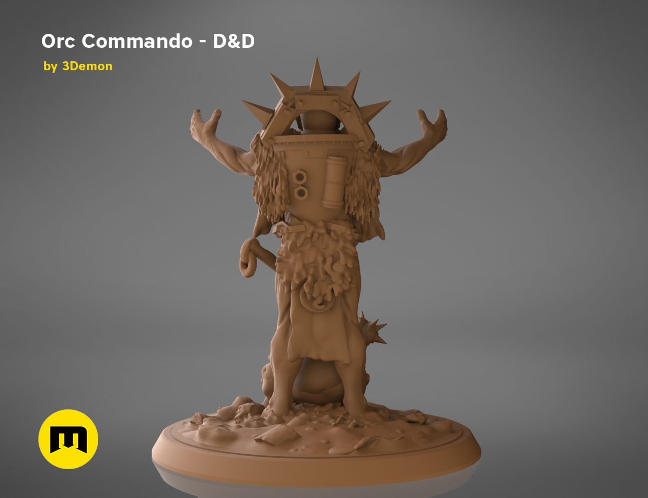 3D model render of Orc Commando D&D collectible figure, detailed armor and spikes, printable 3D print.