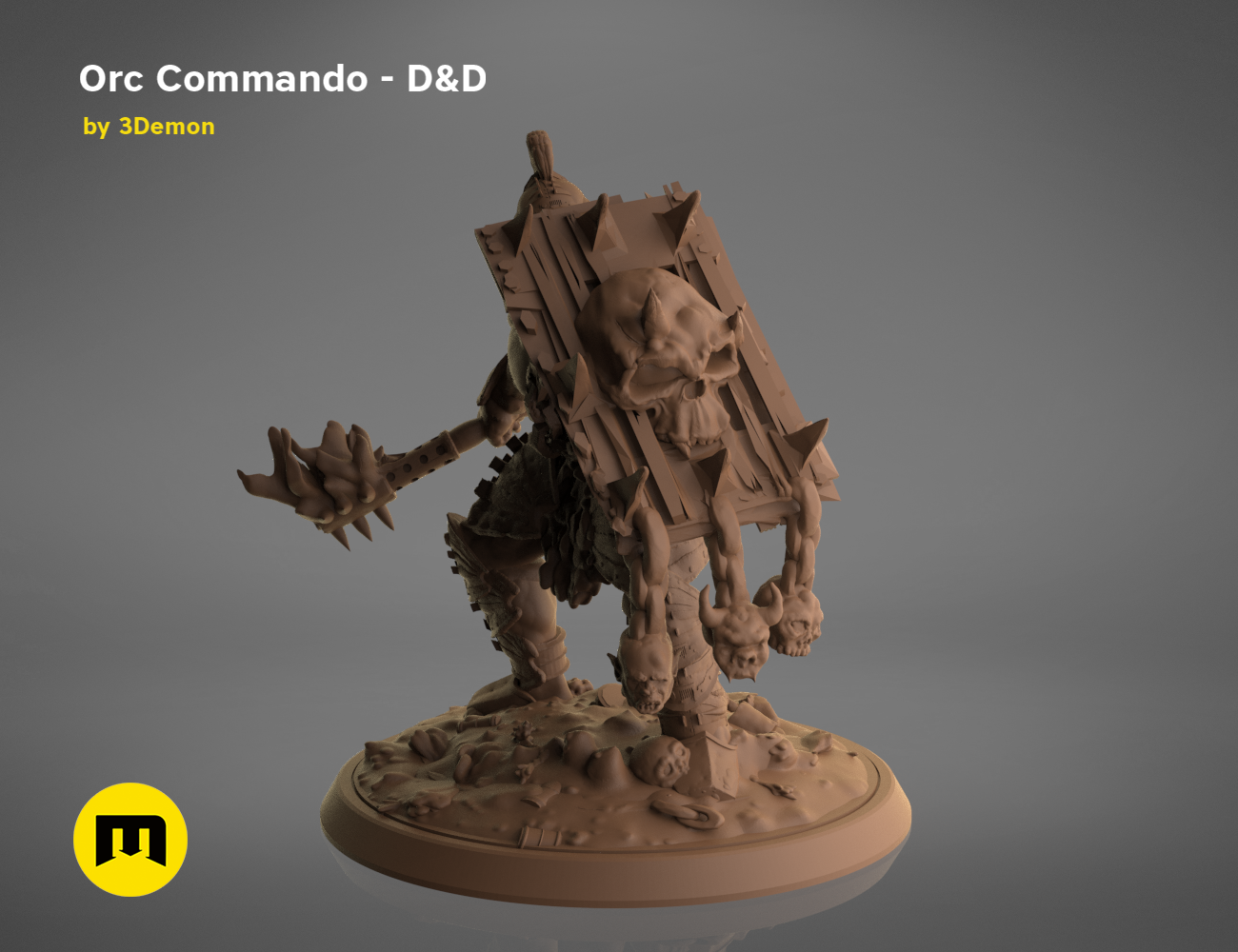 3D model render of Orc Commando - D&D collectible figure, detailed armor and weaponry, fantasy 3D print.