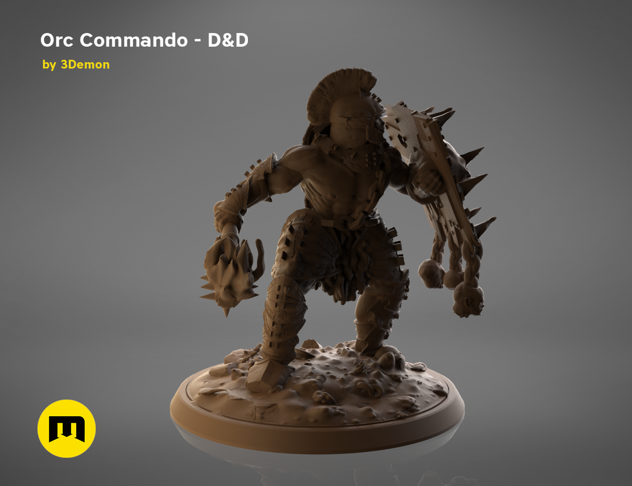 3D model render of Orc Commando D&D cosplay prop, armored warrior with spiked weapon, fantasy 3D print.
