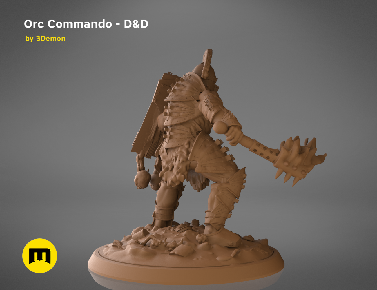 3D model render of Orc Commando D&D cosplay prop, armored warrior with spiked weapon, fantasy 3D print