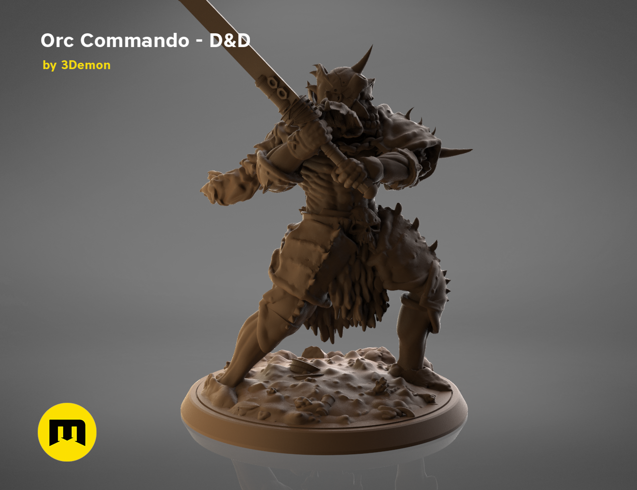 3D model render of Orc Commando - D&D cosplay prop, dynamic battle pose, fantasy armor.