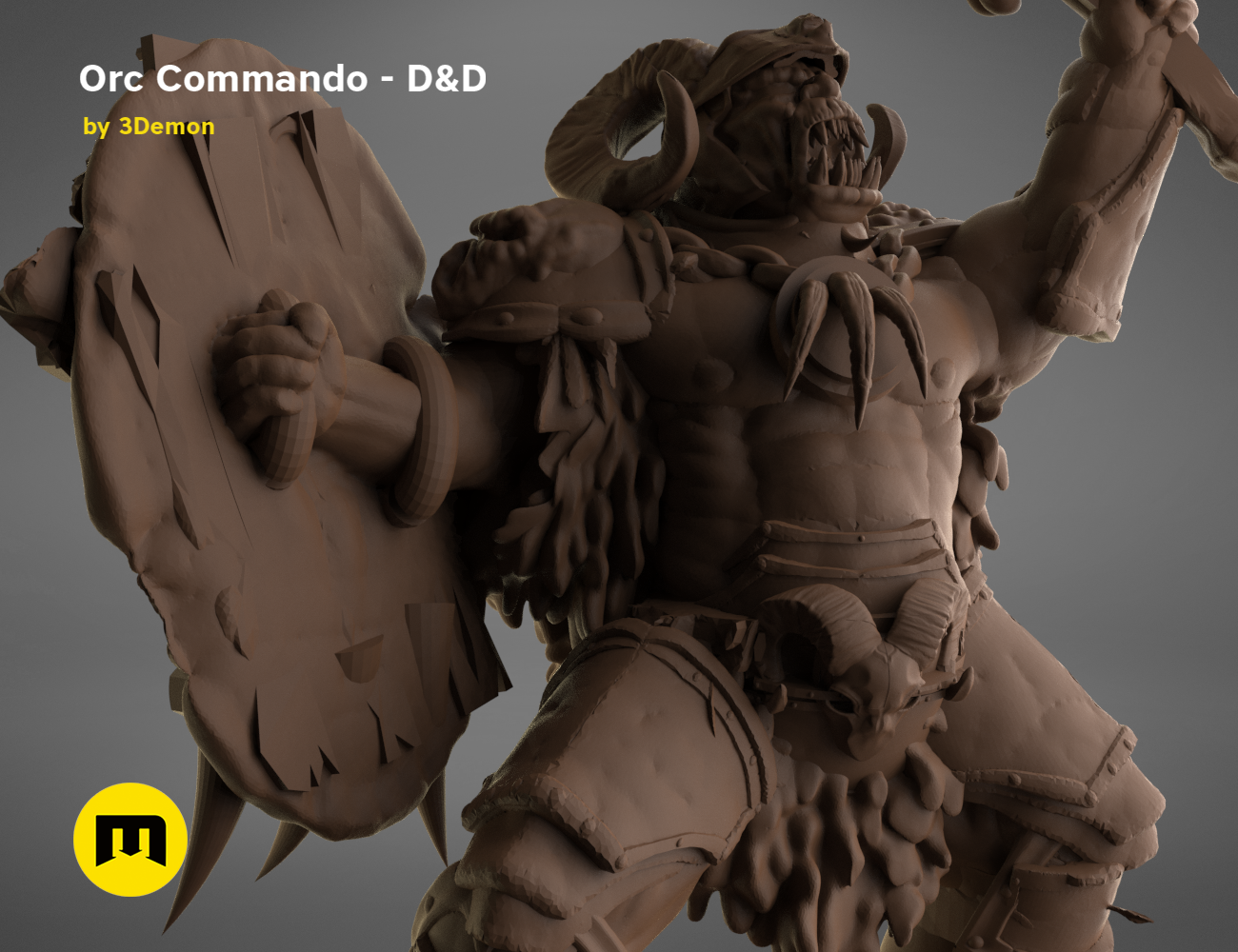 3D model render of Orc Commando - D&D set, muscular warrior with shield and horned helmet, fantasy 3D print cosplay prop