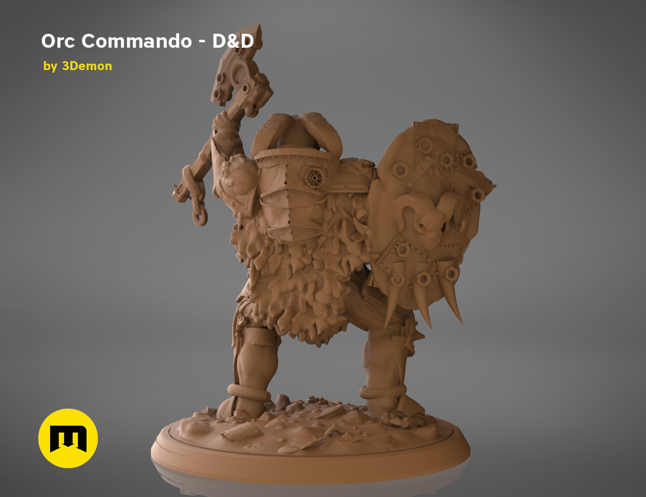 3D model render of Orc Commando D&D cosplay prop, armored brute with mechanical shoulder, 3D print figure