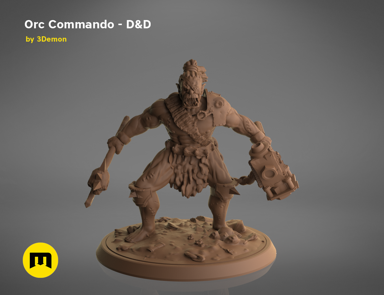 3D model render of Orc Commando - D&D set, muscular warrior with shield and sword, fantasy 3D print cosplay prop