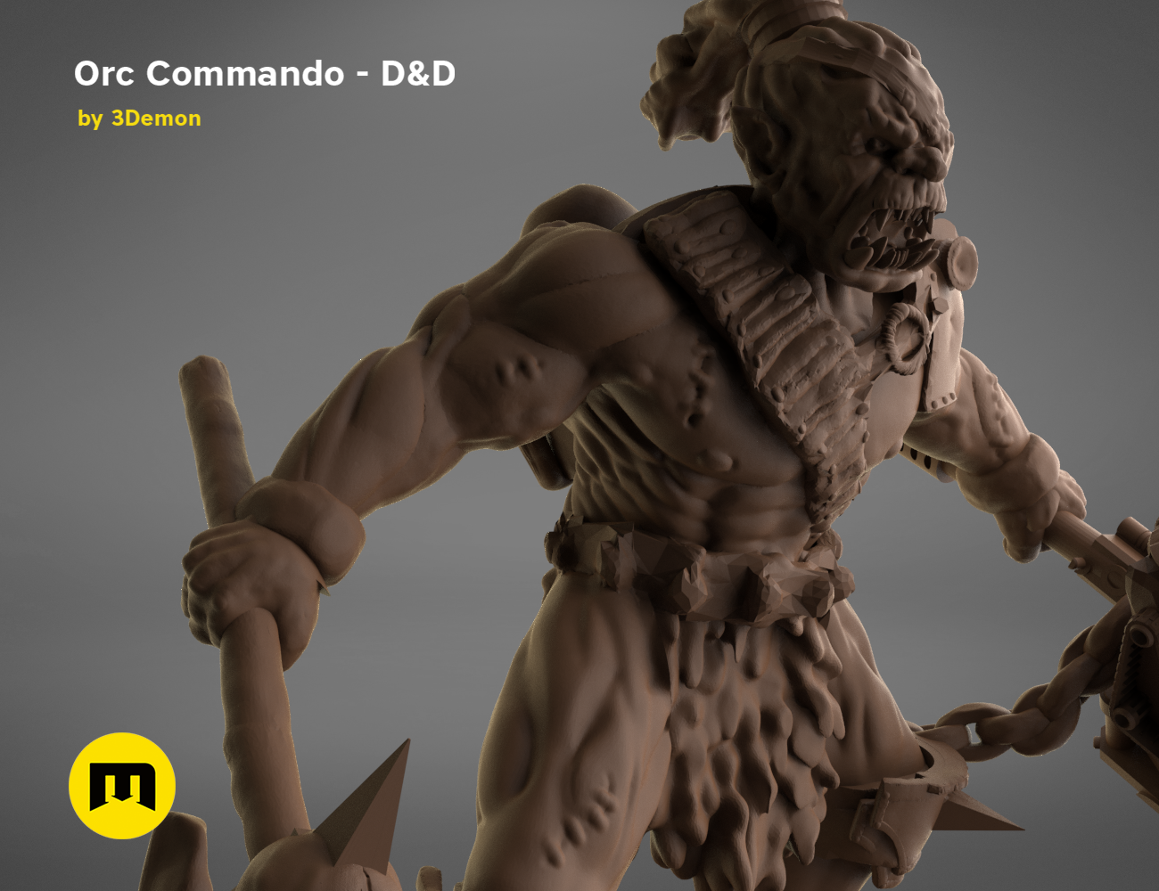 3D model render of Orc Commando D&D cosplay prop, muscular skeletal warrior pose, 3D print