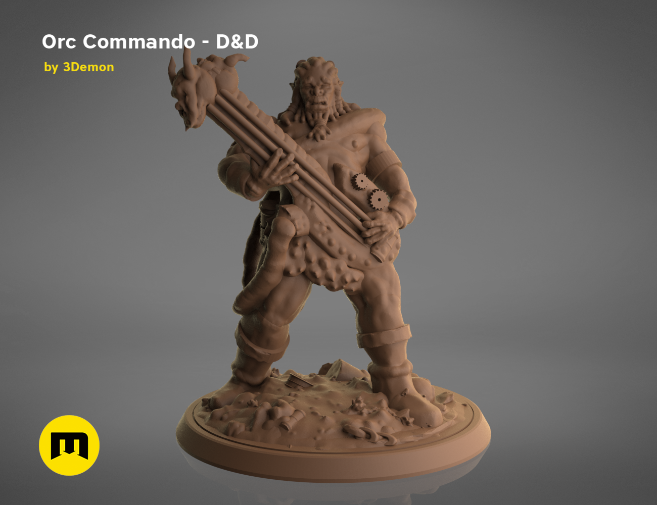 3D model render of Orc Commando D&D set, holding futuristic weapon, fantasy 3D print cosplay prop