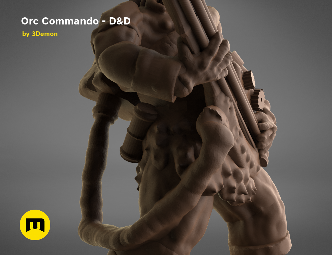 3D visualization of Orc Commando D&D set, muscular warrior gripping axe, fantasy 3D print cosplay prop.