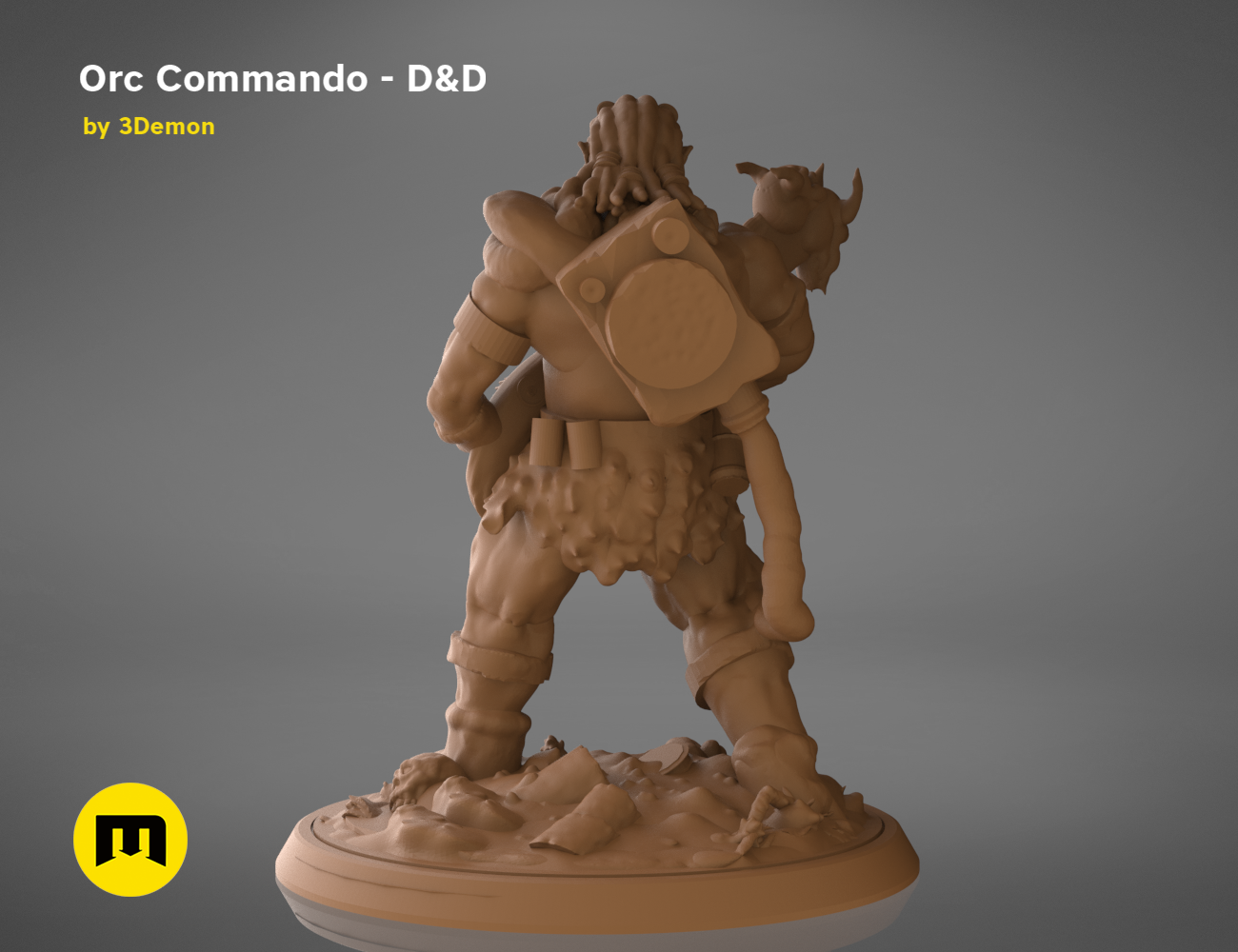 3D model render of Orc Commando D&D cosplay prop, armored brute with shoulder cannon, 3D print