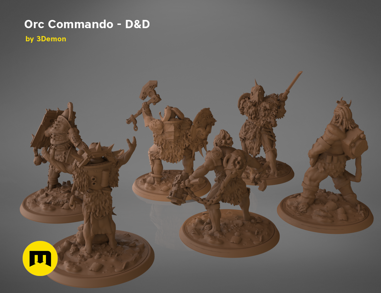 3D model render of Orc Commando - D&D Set, five detailed fantasy warriors, printable 3D print cosplay prop
