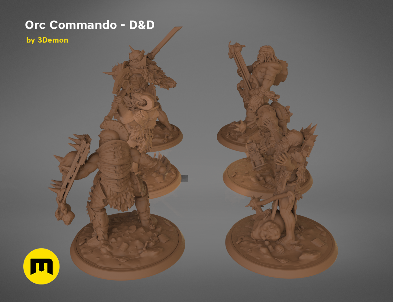 3D model render of Orc Commando D&D set, two detailed fantasy warriors with weapons, printable 3D print cosplay prop