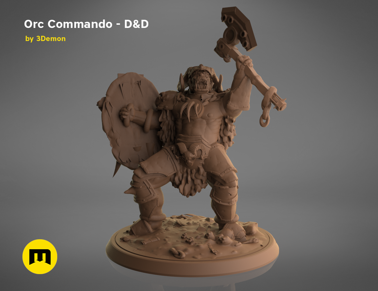 3D model render of Orc Commando D&D set, battle-ready pose with shield and axe, fantasy cosplay prop