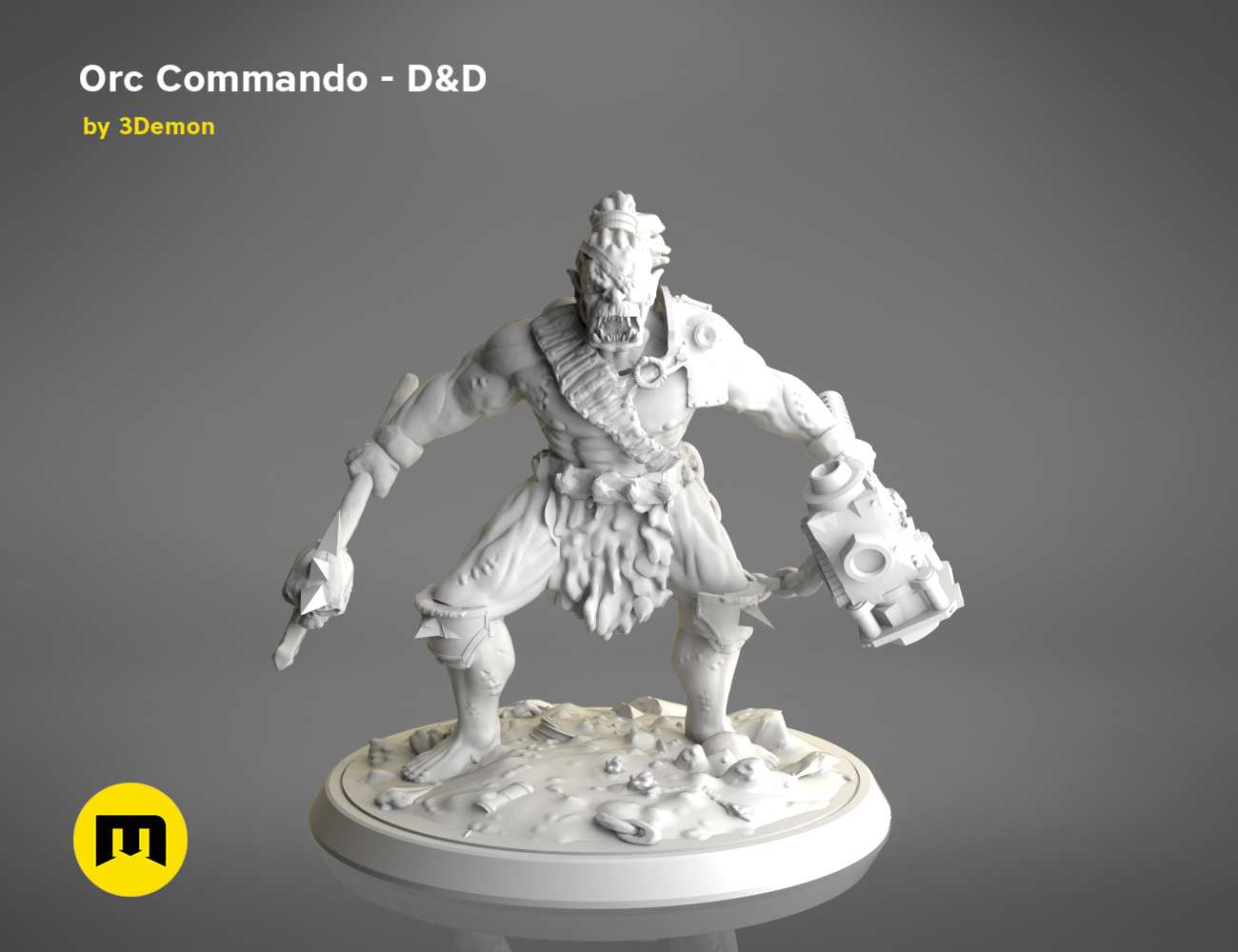 3D model render of Orc Commando - D&D set, armored warrior with weapon, fantasy 3D print cosplay prop
