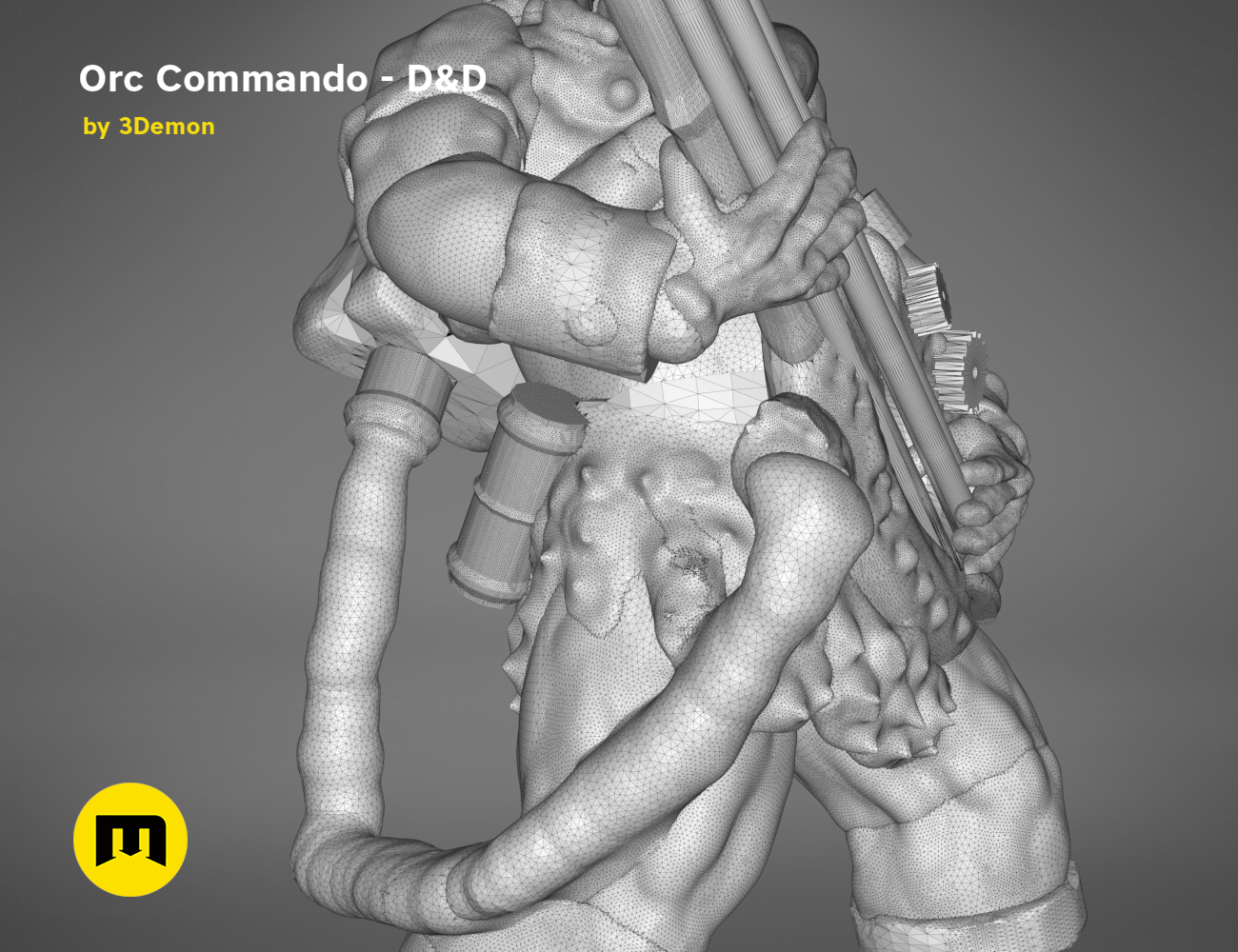 Wireframe mesh render of Orc Commando - D&D set, detailed grey mesh topology with dual weapons, 3D print cosplay prop