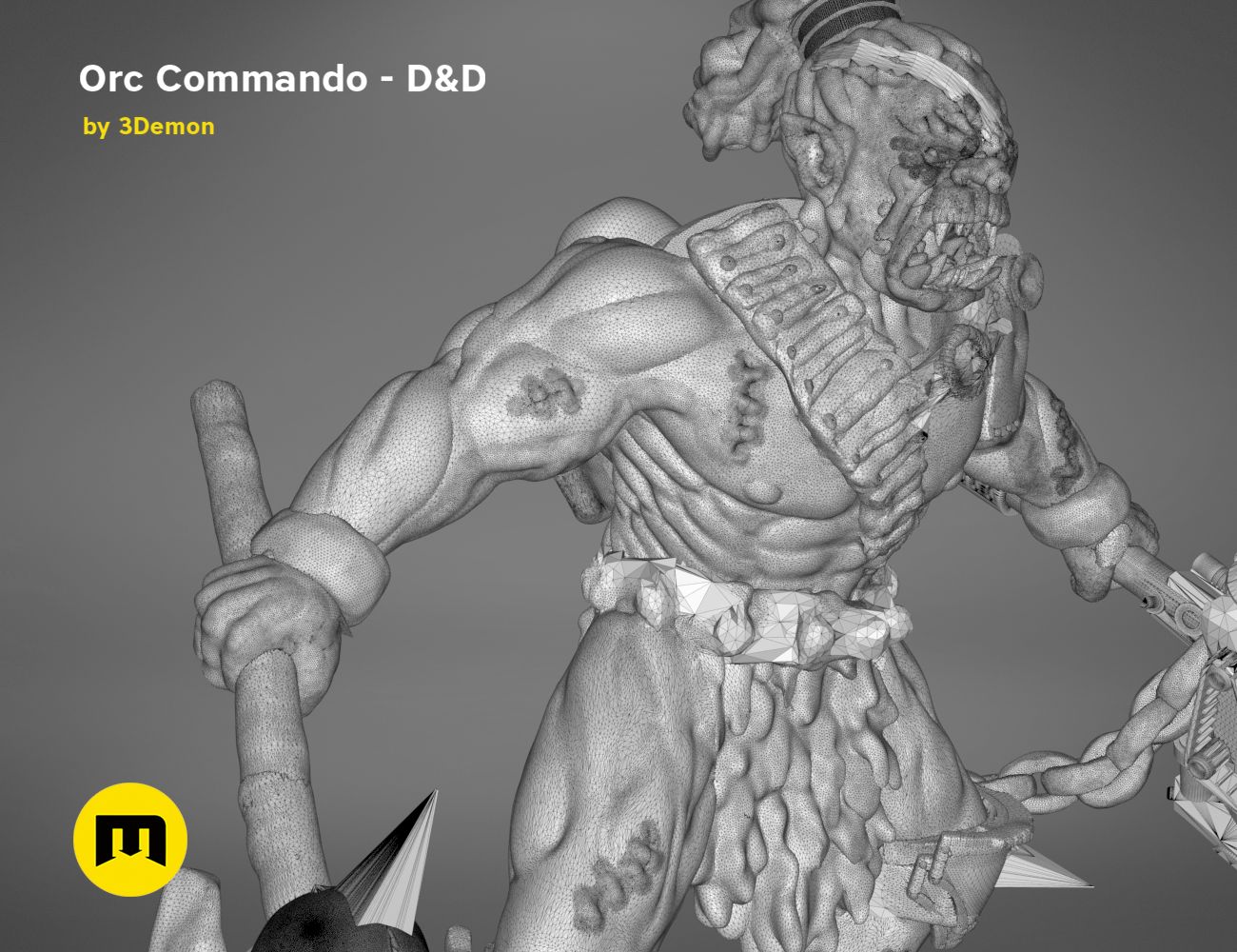 Wireframe mesh render of Orc Commando D&D set, rear mesh detail with armor and weapon, 3D print cosplay prop
