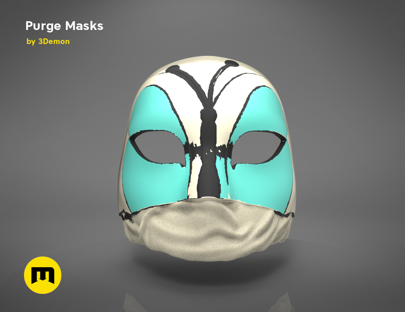 Painted 3D render of The Purge Mask, turquoise and black horror-themed cosplay prop, front view