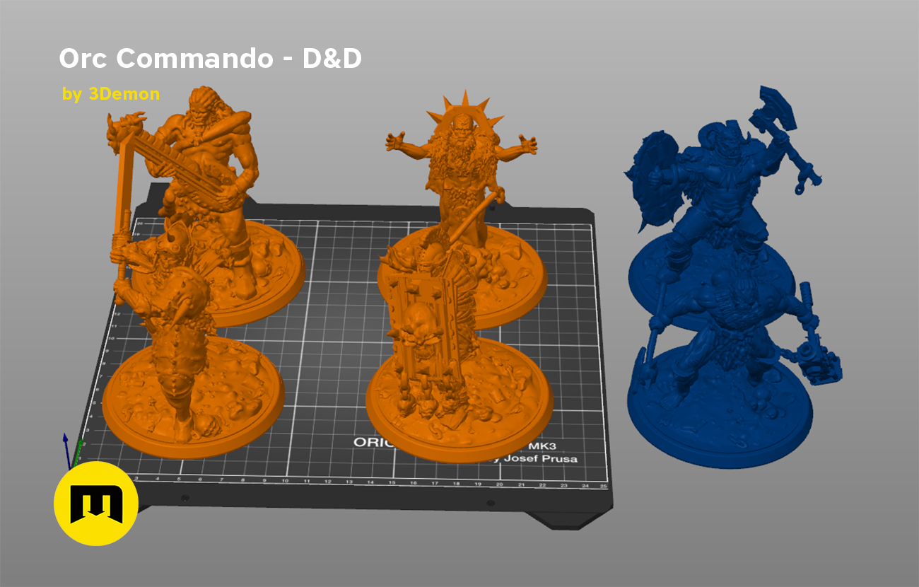 Slicer screenshot of Orc Commando D&D Set STL, orange parts on Prusa MK3 bed