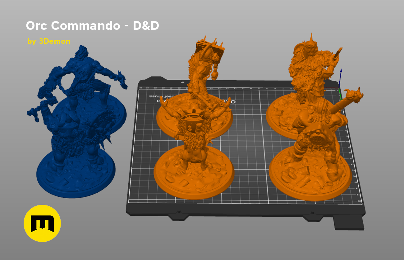 Slicer screenshot of Orc Commando - D&D STL, orange parts on Bambu print bed